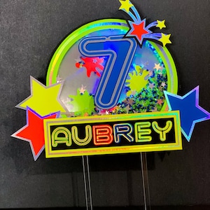 Neon Theme Cake Topper | Personalized Cake Topper | Glow in the Dark Theme Party | Neon Theme Party| Cake Topper with Shaker and LED Lights