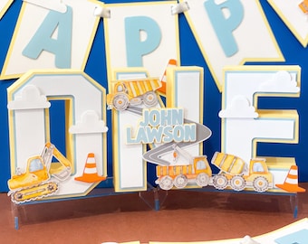 Letras ou números 3D em tons pastel para decoração de festas | Tema Escavadeira | Decoração para festa de menino | Centro de mesa 3D