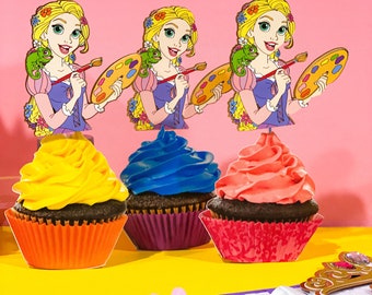 Set van 12 cupcaketoppers | Disney-prinses-themafeest | Rapunzel verjaardag cupcake toppers schilderij | Disney Rapunzel-cupcaketoppers |