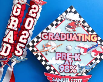 Bundle Airplanes Graduation Cap Topper and Lei | Kindergarten Graduation | Graduation Gift | Personalized Grad Cap and Lei | Class of 2026 |