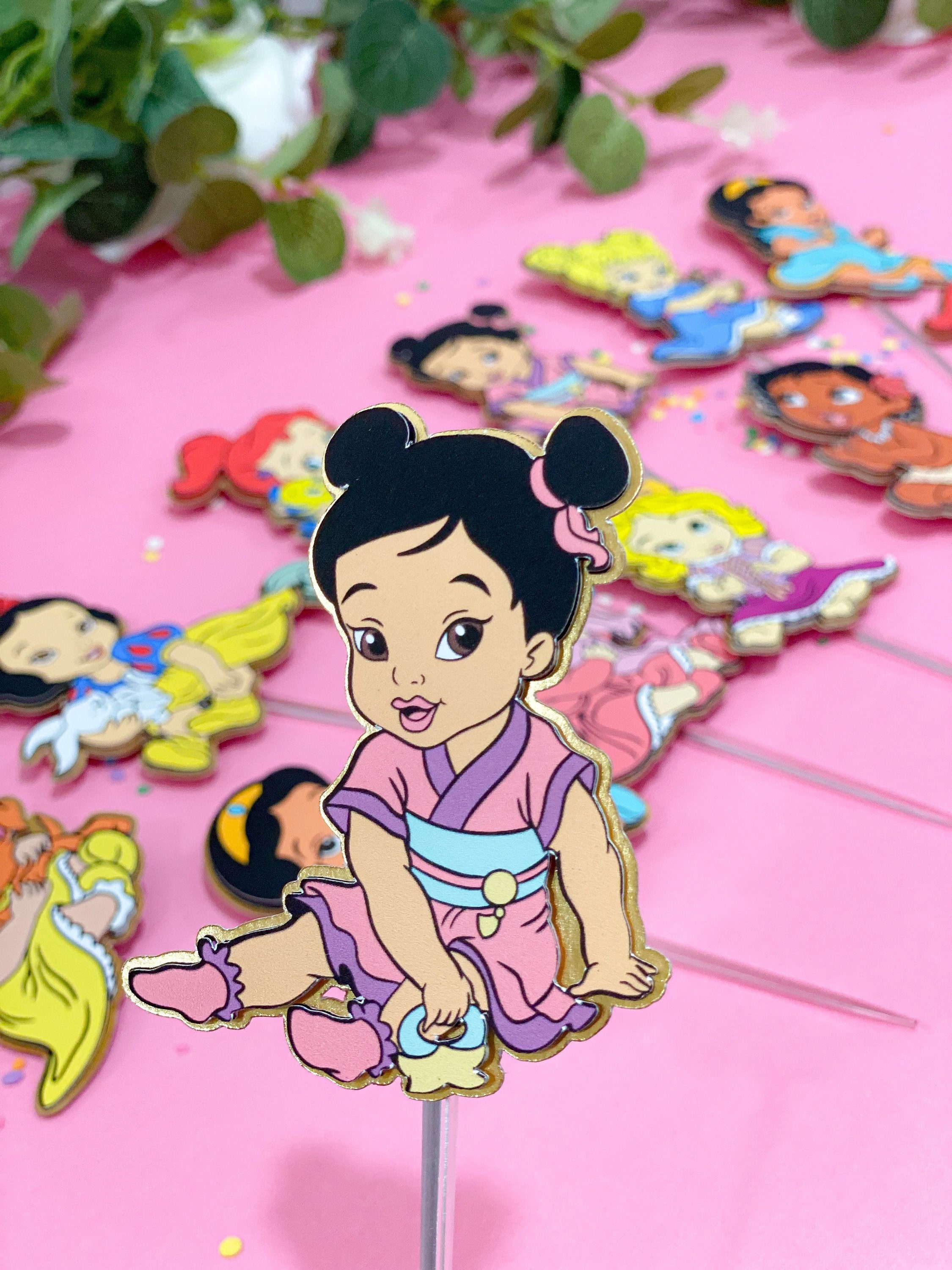 Gold Outline Set of 12 Cupcake Toppers | Disney Baby Princesses Theme Party | Elegant Fairytale Cake Decor Set | Magical Party Picks |
