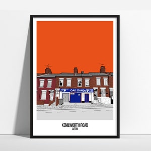 May include: A digital illustration of a row of brick houses with a blue and white sign that reads "Oak Stand - ASC" in front of them. The houses are set against a bright orange background. The text at the bottom of the image reads "Kenilworth Road Luton".