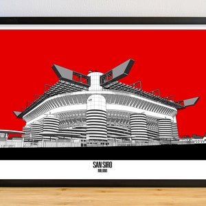 Könnte beinhalten: Eine Schwarzweißillustration des San Siro Stadions in Mailand, Italien. Das Stadion ist vor einem roten Hintergrund und in einem schwarzen Rahmen gerahmt.