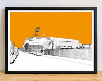 May include: A black and white illustration of a football stadium with a bright orange background. The stadium is called "The Johnny Owen Stand" and "Eddie Thompson Stand".