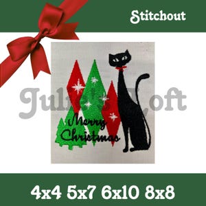 May include: Embroidered design featuring a black cat with a red bow tie standing in front of three green and red Christmas trees. The text "Merry Christmas" is embroidered below the trees.