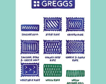Greggs Bakes A4 linocut print in blue & green
