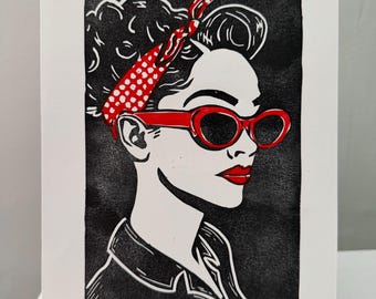 Original A5 linocut print bandana lady