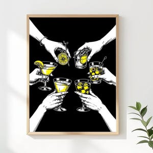 Proost cocktailkunst aan de muur | Zwarte en gele digitale print | Retro bardecoratie | Handgetekende illustratie van een drankje | Direct downloaden | Afdrukbare kunst