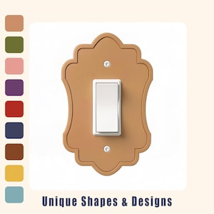 May include: A tan light switch cover plate with a decorative scalloped edge and a central white rocker switch. The plate is secured with two visible silver screws. To the left, a vertical column displays ten solid color swatches.