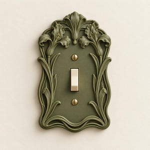 May include: An olive green light switch plate featuring a raised, sculpted floral relief pattern of iris flowers and leaves. The rectangular plate has a central toggle switch in a cream color, secured by two brass-toned screws at the top and bottom.