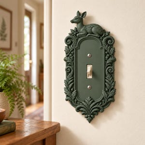 May include: A dark green decorative light switch plate featuring a sculpted deer resting at the top, surrounded by intricate fern and leaf relief patterns. The rectangular plate has a central toggle switch and two visible metal mounting screws.