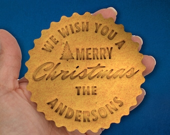 SHIPS FAST!  Custom Merry Christmas Cookie Cutter and Name Embosser - Personalized Christmas Cookie Stamp -Family Name Embosser