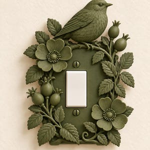 May include: An olive green light switch cover plate featuring a three-dimensional relief of a bird perched on a branch surrounded by sculpted rose flowers, leaves, and rose hips. A white rectangular rocker switch is centered on the plate.