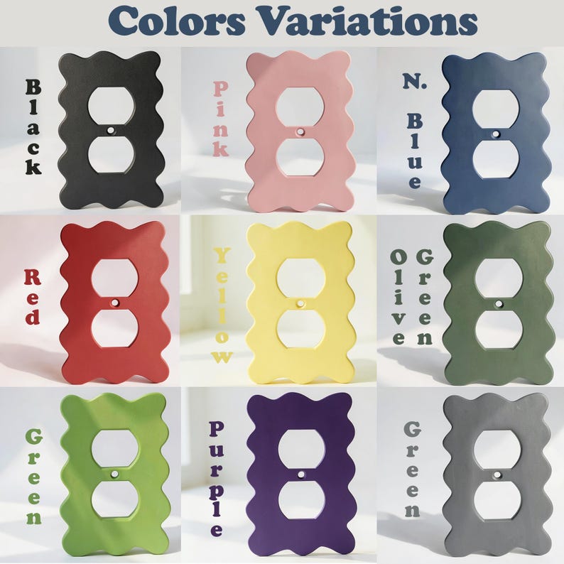 May include: A grid of nine electrical outlet covers in various colors: black, pink, navy blue, red, yellow, olive green, green, purple, and gray. The covers have a wavy edge design and the text "Colors Variations" at the top.