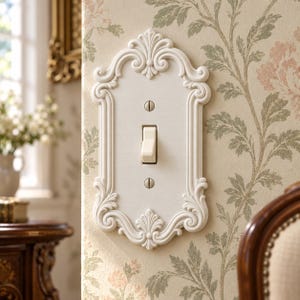 May include: An off-white light switch plate featuring an ornate, raised scrollwork border and a central toggle switch. The rectangular cover is secured to the wall with two visible flat-head screws positioned above and below the switch.