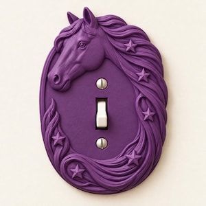 May include: An oval purple light switch plate featuring a sculpted horse head with a flowing mane and five embossed stars. The plate includes a central white toggle switch and two silver-colored metal screws for mounting to a wall.