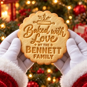 May include: A round, scalloped-edge cookie with a light golden-brown color, featuring an embossed design of a rolling pin, holly leaves, and the text "Baked with Love BY THE BENNETT FAMILY" centered on the surface of the baked treat.