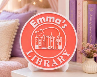 Personalized Library Sign with Stand: Custom 3D Printed Bookshelf and Book Nook Decor