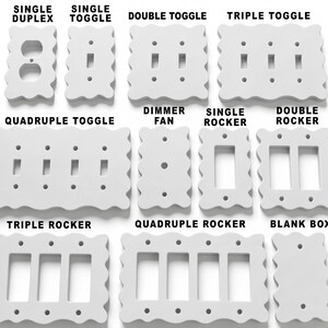 May include: A collection of white electrical switch plates with a scalloped edge design. The plates include various configurations such as single duplex, single toggle, double toggle, triple toggle, quadruple toggle, dimmer fan, single rocker, double rocker, triple rocker, quadruple rocker, and a blank box.