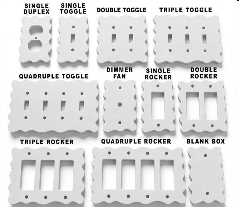 May include: A collection of white electrical switch plates with a scalloped edge design. The plates include various configurations such as single duplex, single toggle, double toggle, triple toggle, quadruple toggle, dimmer fan, single rocker, double rocker, triple rocker, quadruple rocker, and a blank box.