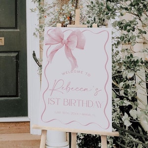Pink Bow First Birthday Welcome Sign, Pink Coquette Birthday Welcome Sign, Pastel Pink Ribbon 1st Birthday Welcome Sign | BOW