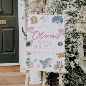 Under the Sea Baby Shower Welcome Sign, Ocean Baby Shower Welcome Poster, Pink Sea Animals Welcome Sign, Ocean Animals Baby Shower Sign |SEA
