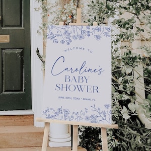 Sinal de boas-vindas azul empoeirado do chá de bebê, cartaz floral vintage de boas-vindas do chá de bebê, sinal de boas-vindas Chinoiserie, sinal de chá de bebê vitoriano | LIV