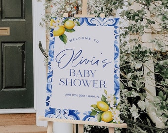 Mediterranean Lemon Baby Shower Welcome Sign, Italian Blue Tiles Baby Shower Welcome Poster, Citrus Baby Shower Sign | GIA