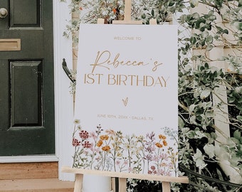 Wildflower First Birthday Welcome Sign, Girl 1st Birthday Welcome Sign, Spring Floral 1st Birthday Welcome Sign, Boho Birthday | JULIA