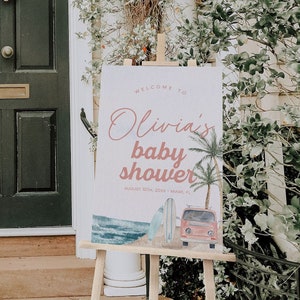 Placa de boas-vindas para chá de bebê Baby on Board, pôster de boas-vindas para chá de bebê Pink Surf Beach, placa de boas-vindas para o verão, placa para chá de bebê Surf | SURF