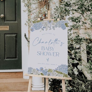 Blaues Baby in Bloom Babyparty Willkommensschild, Blaues Blumen-Babyparty-Willkommensschild, Staubiges Blaues Willkommensschild, Hortensien-Duscheschild | MEL