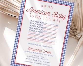 All American Baby Shower Invitation Template, 4th of July Baby Shower Invite, Summer Patriotic Baby Shower Invitation, Made in USA | JULY