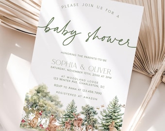 Woodland Baby Shower Invitation Template, Woodland Animals Baby Shower Invite, Forest Animals Baby Shower Invitation, Rustic Shower | DEER
