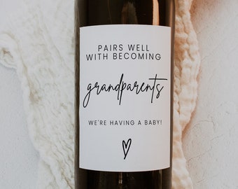 Pregnancy Announcement Wine Labels Template, Baby Announcement Wine Label Printable, Becoming Grandparents, Pregnant Reveal Stickers | GRACE