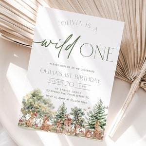 Modèle d'Invitation premier anniversaire des bois, faire-part d'anniversaire sauvage, animaux de la forêt premier anniversaire invitation, 1er anniversaire des bois | CERFS