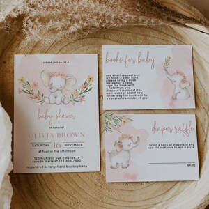 Elephant Baby Shower Invitation Template Set, Pink Baby Shower Invitation, Watercolor Baby Elephant Baby Shower Invite, Girl Baby Shower EVE