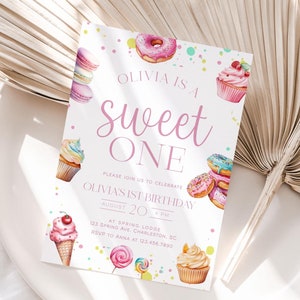 Sweet One First Birthday Invitation Template, Sweet One Birthday Invitation, Candy First Birthday Invite, Girl 1st Birthday Party | CANDY