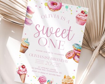 Sweet One First Birthday Invitation Template, Sweet One Birthday Invitation, Candy First Birthday Invite, Girl 1st Birthday Party | CANDY