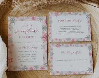 May include: A pink and gray baby shower invitation with snowflake designs. The invitation reads "A Little Snowflake is on the Way" and includes the name "Isabella Ross".