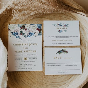 Christmas Wedding Invitation Set, Holiday Wedding Invitation Template, Winter Berry Wedding Invite, Rustic Wedding Invitation | NOELE