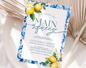 Main Squeeze Bridal Shower Invitation Template, Mediterranean Lemon Bridal Shower Invite, Italian Blue Tiles Bridal Shower Invitation | GIA