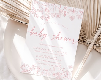 Stoffige roze babyshower uitnodiging sjabloon, vintage bloemen babyshower uitnodiging, Victoriaanse chinoiserie babyshower uitnodiging | LIA