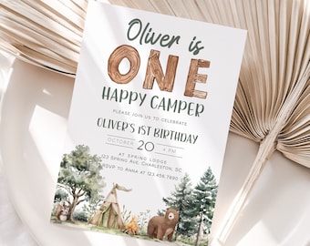 Una plantilla de invitación de primer cumpleaños de Happy Camper, invitación de cumpleaños de Happy Camper, invitación de primer cumpleaños de camping, niño 1er cumpleaños /CAMP