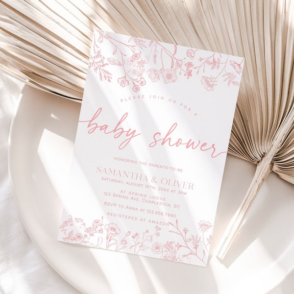 Dusty Pink Baby Shower Invitation Template, Vintage Floral Baby Shower Invite, Victorian Chinoiserie Baby Shower Invitation | LIA