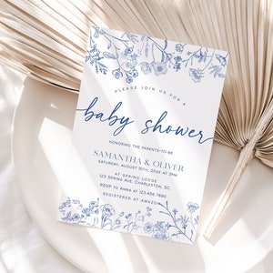 Stoffige blauwe baby shower uitnodiging sjabloon, vintage bloemen baby shower uitnodiging, Victoriaanse chinoiserie baby shower uitnodiging | LIV