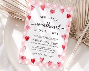 May include: A pink and white gingham baby shower invitation with red hearts and the text "Our Little Sweetheart is on the Way". The invitation includes the name "Rebecca Smithson" and details for the baby shower.