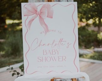 Rosa Schleife Babyparty Willkommensschild, Rosa Kokette Babyparty Willkommensschild, Pastell Rosa Ribbon Willkommensschild, Mädchen-Babypartyschild | SCHLEIFE