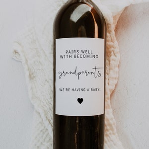 Pregnancy Announcement Wine Labels Template, Baby Announcement Wine Label Printable, Becoming Grandparents Gift, Pregnant Reveal | SARAH