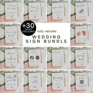 May include: A set of 30 printable wedding signs in a gold frame. The signs include phrases like "Love is Sweet", "Dancing Feet", "Advice + Wishes", "Signature Drinks", "Let's Drink", "Bubbles Send Off", "Cards + Gifts", "Favors", "Honeymoon Fund", "Guest Book", "Open Bar", "Sparkler Send Off", and "In Loving Memory".