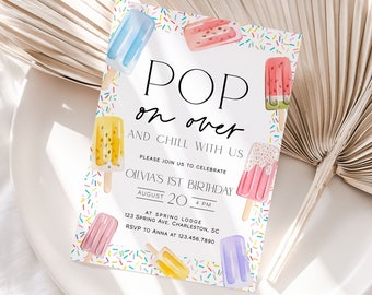 Popsicle First Birthday Invitation Template, Pop on Over Birthday Invitation, Ice Cream First Birthday Invite, Girl 1st Birthday Party | POP